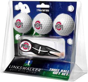 Ohio State Buckeyes Regulation Size 3 Golf Ball Gift Pack with Crosshair Divot Tool (Black)