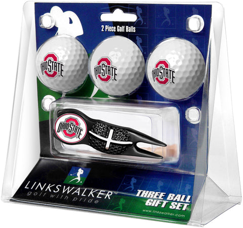 Ohio State Buckeyes Regulation Size 3 Golf Ball Gift Pack with Crosshair Divot Tool (Black)