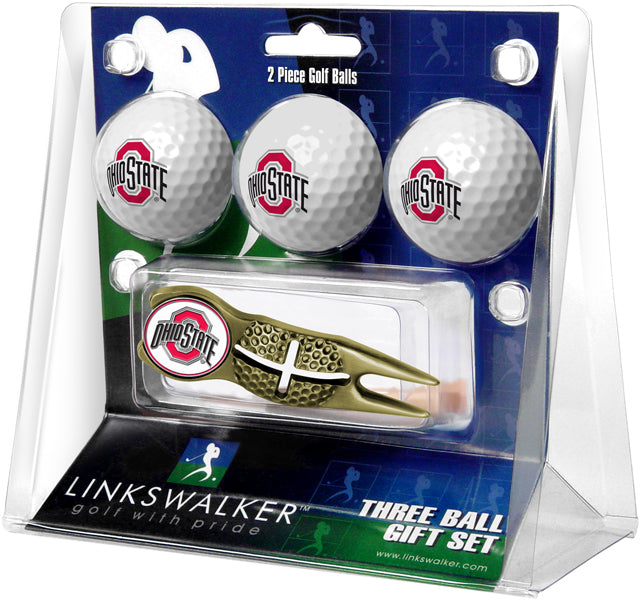 Ohio State Buckeyes Regulation Size 3 Golf Ball Gift Pack with Crosshair Divot Tool (Gold)