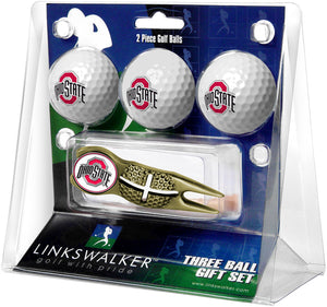 Ohio State Buckeyes Regulation Size 3 Golf Ball Gift Pack with Crosshair Divot Tool (Gold)