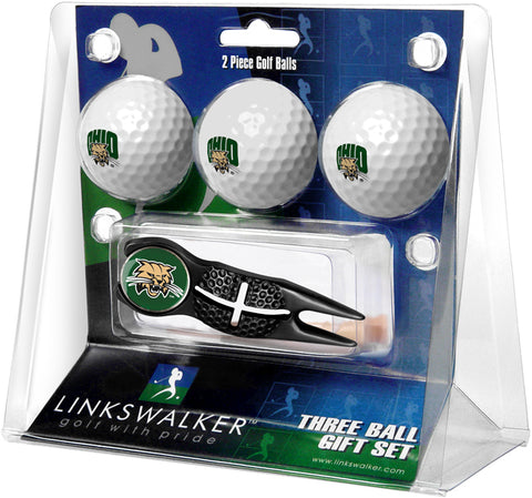 Ohio University Bobcats Regulation Size 3 Golf Ball Gift Pack with Crosshair Divot Tool (Black)