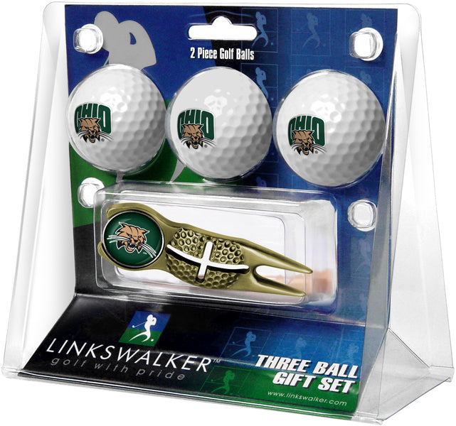 Ohio University Bobcats Regulation Size 3 Golf Ball Gift Pack with Crosshair Divot Tool (Gold)