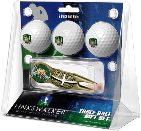 Ohio University Bobcats Regulation Size 3 Golf Ball Gift Pack with Crosshair Divot Tool (Gold)