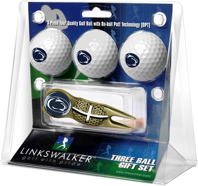 Penn State Nittany Lions - Gold Crosshair Divot Tool 3 Ball Gift Pack