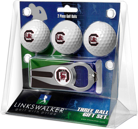 South Carolina Gamecocks Regulation Size 3 Golf Ball Gift Pack with Hat Trick Divot Tool (Silver)