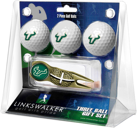 South Florida Bulls Regulation Size 3 Golf Ball Gift Pack with Crosshair Divot Tool (Gold)
