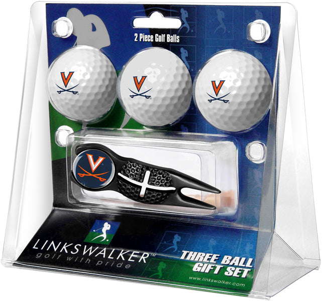 Virginia Cavaliers Regulation Size 3 Golf Ball Gift Pack with Crosshair Divot Tool (Black)