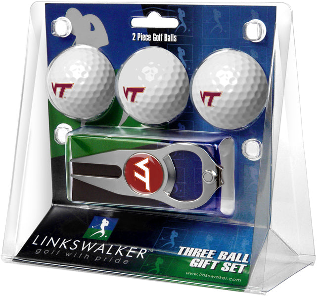 Virginia Tech Hokies Regulation Size 3 Golf Ball Gift Pack with Hat Trick Divot Tool (Silver)
