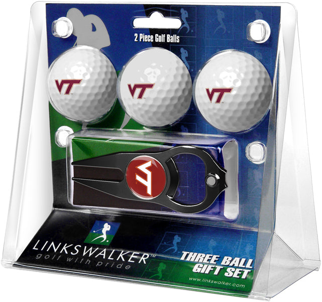 Virginia Tech Hokies Regulation Size 3 Golf Ball Gift Pack with Hat Trick Divot Tool (Black)