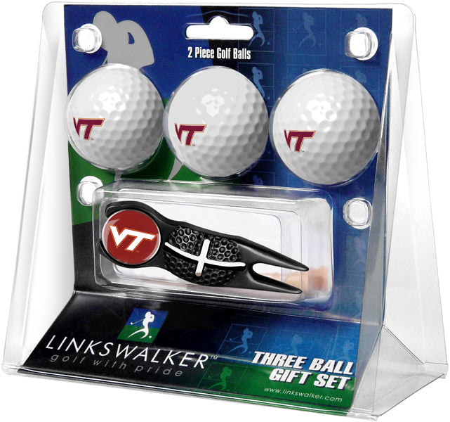 Virginia Tech Hokies Regulation Size 3 Golf Ball Gift Pack with Crosshair Divot Tool (Black)