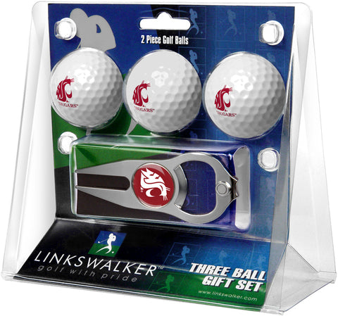 Washington State Cougars Regulation Size 3 Golf Ball Gift Pack with Hat Trick Divot Tool (Silver)