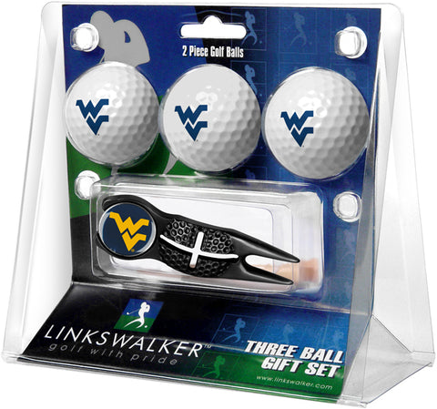 West Virginia Mountaineers Regulation Size 3 Golf Ball Gift Pack with Crosshair Divot Tool (Black)