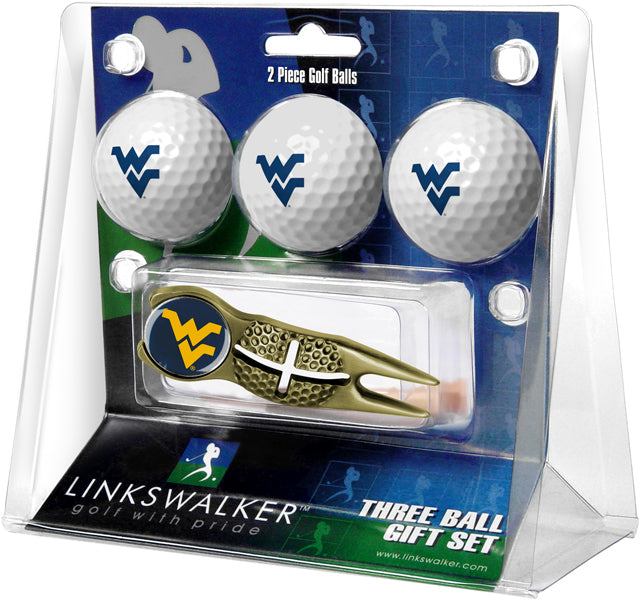 West Virginia Mountaineers Regulation Size 3 Golf Ball Gift Pack with Crosshair Divot Tool (Gold)
