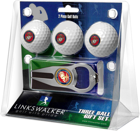 U.S.M.C. Regulation Size 3 Golf Ball Gift Pack with Hat Trick Divot Tool (Silver)
