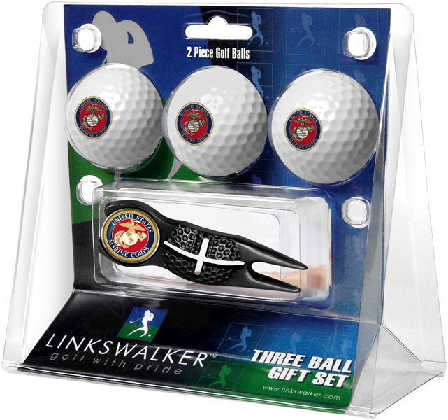 U.S. Marines Regulation Size 3 Golf Ball Gift Pack with Crosshair Divot Tool (Black)