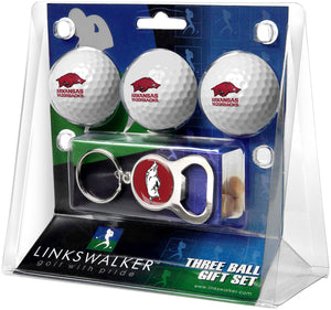 Arkansas Razorbacks Regulation Size 3 Golf Ball Gift Pack with Keychain Bottle Opener
