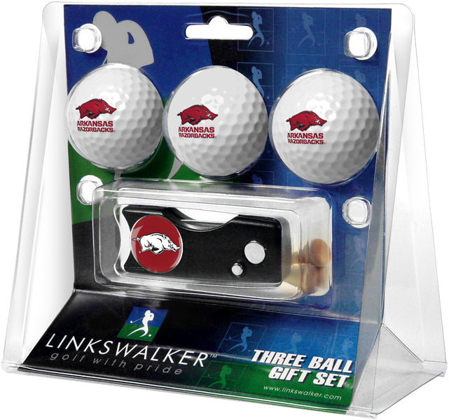 Arkansas Razorbacks Regulation Size 3 Golf Ball Gift Pack with Spring Action Divot Tool