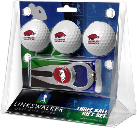 Arkansas Razorbacks Regulation Size 3 Golf Ball Gift Pack with Hat Trick Divot Tool (Silver)