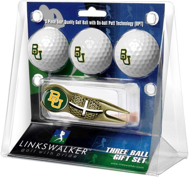 Baylor Bears - Gold Crosshair Divot Tool 3 Ball Gift Pack - Linkswalkerdirect