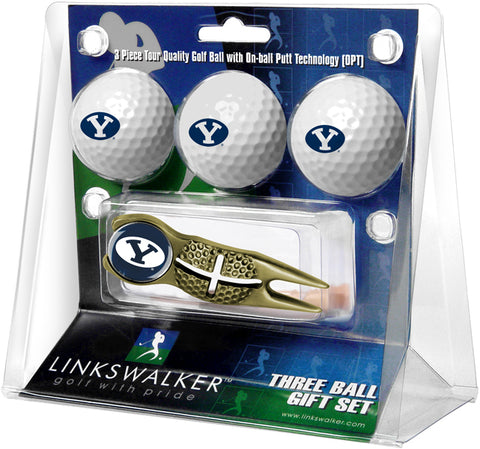 Brigham Young Univ. Cougars - Gold Crosshair Divot Tool 3 Ball Gift Pack