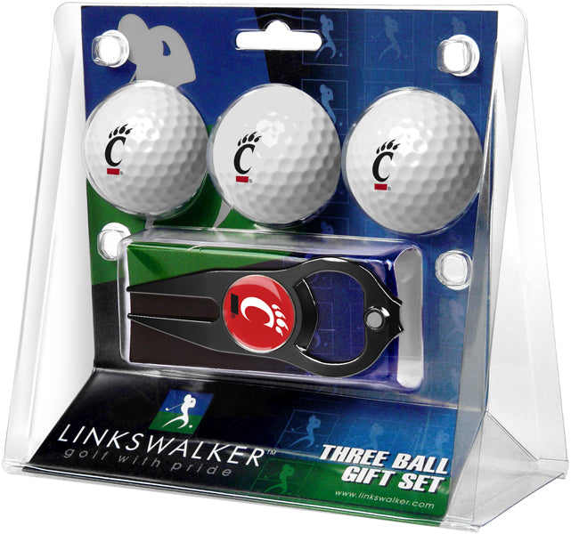 Cincinnati Bearcats Regulation Size 3 Golf Ball Gift Pack with Hat Trick Divot Tool (Black)
