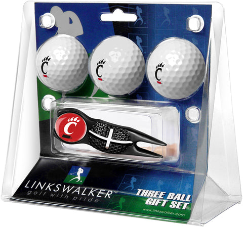 Cincinnati Bearcats Regulation Size 3 Golf Ball Gift Pack with Crosshair Divot Tool (Black)