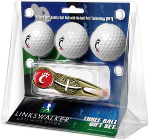 Cincinnati Bearcats - Gold Crosshair Divot Tool 3 Ball Gift Pack - Linkswalkerdirect
