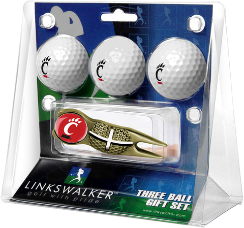 Cincinnati Bearcats Regulation Size 3 Golf Ball Gift Pack with Crosshair Divot Tool (Gold)
