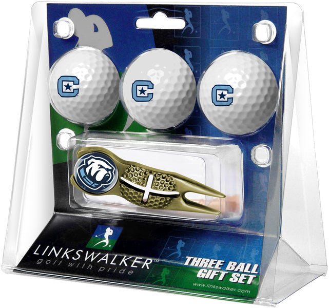 Citadel Bulldogs Regulation Size 3 Golf Ball Gift Pack with Crosshair Divot Tool (Gold)