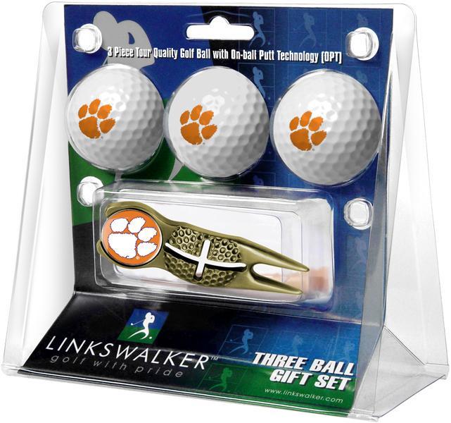 Clemson Tigers - Gold Crosshair Divot Tool 3 Ball Gift Pack - Linkswalkerdirect