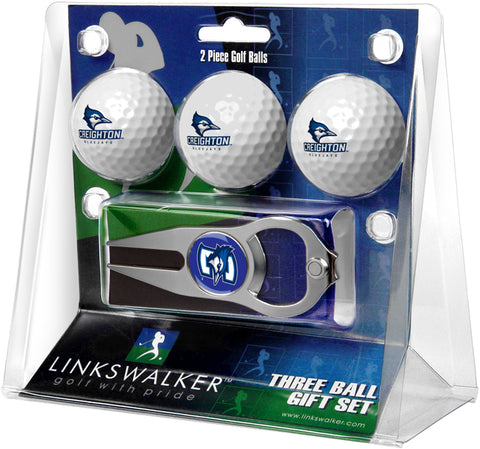 Creighton University Bluejays Regulation Size 3 Golf Ball Gift Pack with Hat Trick Divot Tool (Silver)