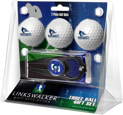 Creighton University Bluejays Regulation Size 3 Golf Ball Gift Pack with Hat Trick Divot Tool (Black)