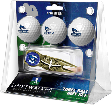 Creighton University Bluejays Regulation Size 3 Golf Ball Gift Pack with Crosshair Divot Tool (Gold)