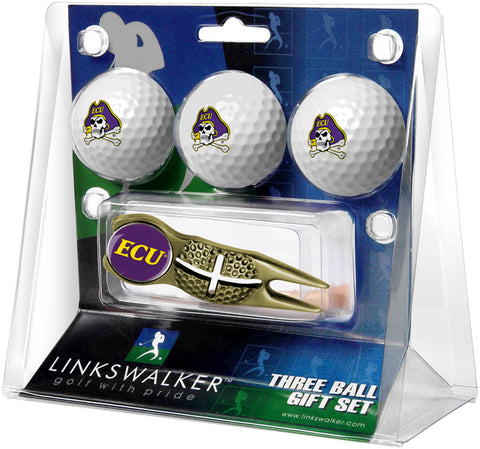 East Carolina Pirates Regulation Size 3 Golf Ball Gift Pack with Crosshair Divot Tool (Gold)