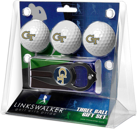 Georgia Tech Yellow Jackets Regulation Size 3 Golf Ball Gift Pack with Hat Trick Divot Tool (Black)