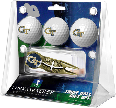 Georgia Tech Yellow Jackets Regulation Size 3 Golf Ball Gift Pack with Crosshair Divot Tool (Gold)