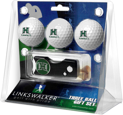 Hawaii Warriors Regulation Size 3 Golf Ball Gift Pack with Spring Action Divot Tool