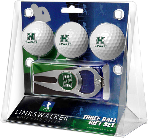 Hawaii Warriors Regulation Size 3 Golf Ball Gift Pack with Hat Trick Divot Tool (Silver)