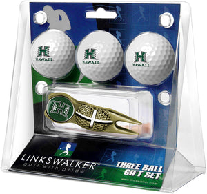 Hawaii Warriors Regulation Size 3 Golf Ball Gift Pack with Crosshair Divot Tool (Gold)