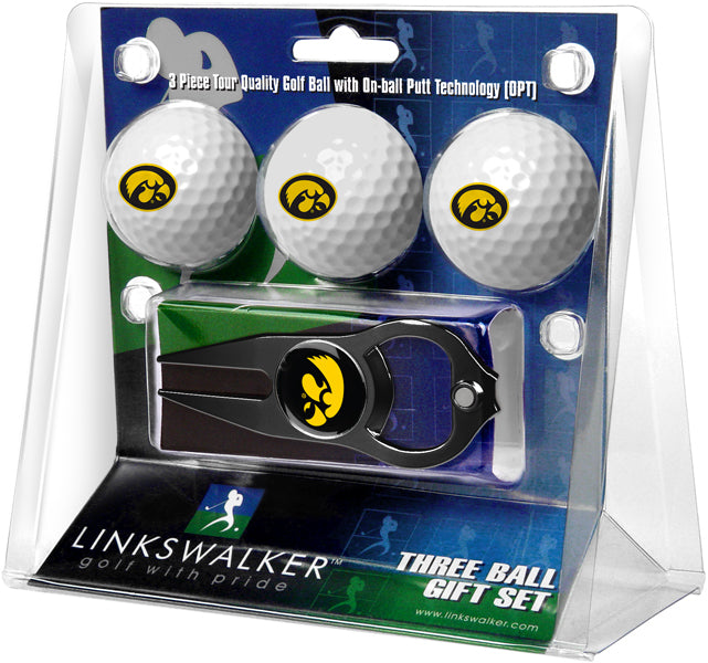 Iowa Hawkeyes - 3 Ball Gift Pack with Hat Trick Divot Tool Black