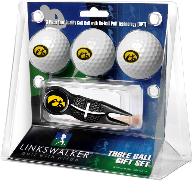 Iowa Hawkeyes - Black Crosshair Divot Tool 3 Ball Gift Pack