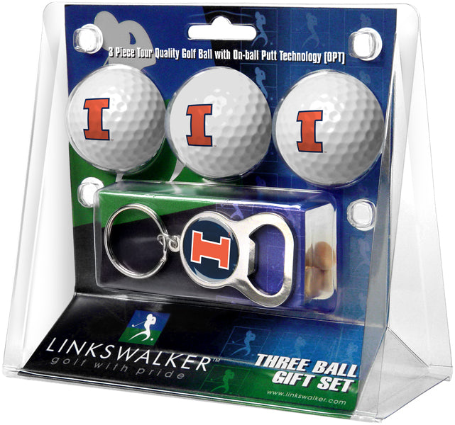 Illinois Fighting Illini - 3 Ball Gift Pack with Key Chain Bottle Opener