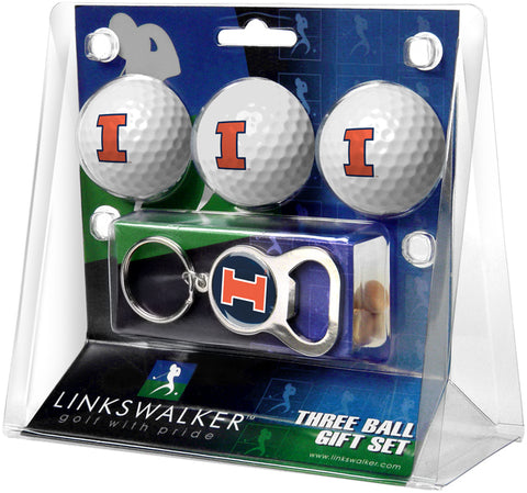 Illinois Fighting Illini Regulation Size 3 Golf Ball Gift Pack with Keychain Bottle Opener