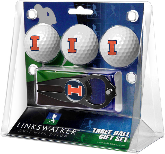 Illinois Fighting Illini Regulation Size 3 Golf Ball Gift Pack with Hat Trick Divot Tool (Black)