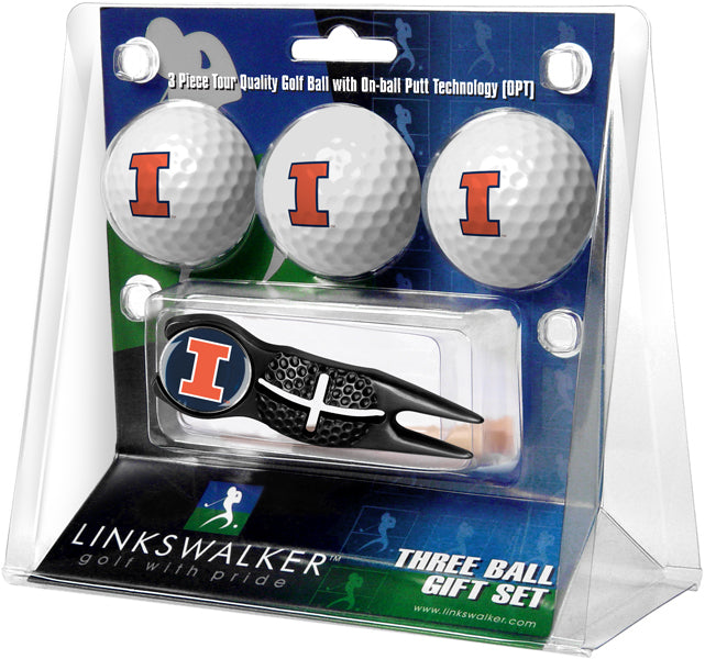 Illinois Fighting Illini - Black Crosshair Divot Tool 3 Ball Gift Pack