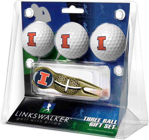 Illinois Fighting Illini Regulation Size 3 Golf Ball Gift Pack with Crosshair Divot Tool (Gold)