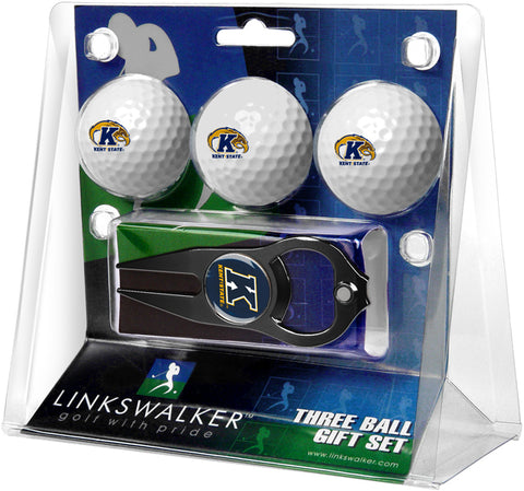 Kent State Golden Flashes Regulation Size 3 Golf Ball Gift Pack with Hat Trick Divot Tool (Black)