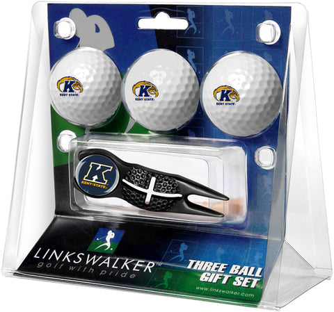 Kent State Golden Flashes Regulation Size 3 Golf Ball Gift Pack with Crosshair Divot Tool (Black)