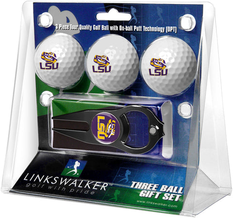 LSU Tigers - 3 Ball Gift Pack with Hat Trick Divot Tool Black