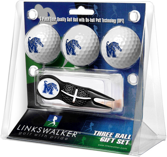 Memphis Tigers - Black Crosshair Divot Tool 3 Ball Gift Pack
